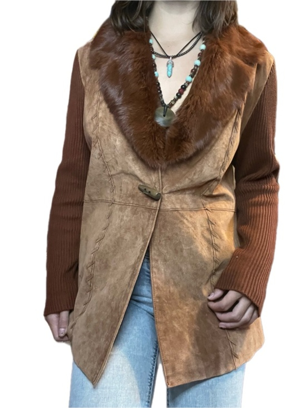 VINTAGE NYGÅRD COLLECTION Chestnut Leather Jacket Real Rabbit Fur Collar Y2K M